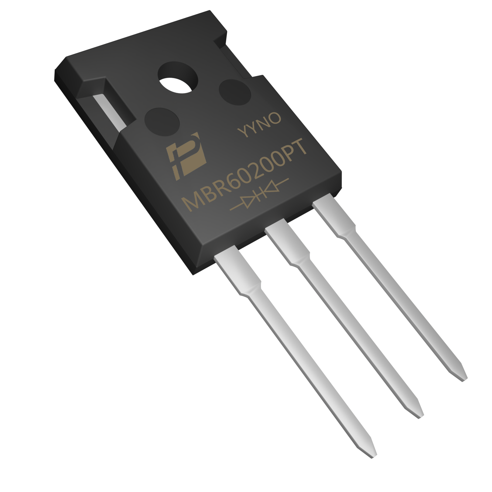 POWERSi MBR60200PT product image showing three leads, the mounting hole and model marking.