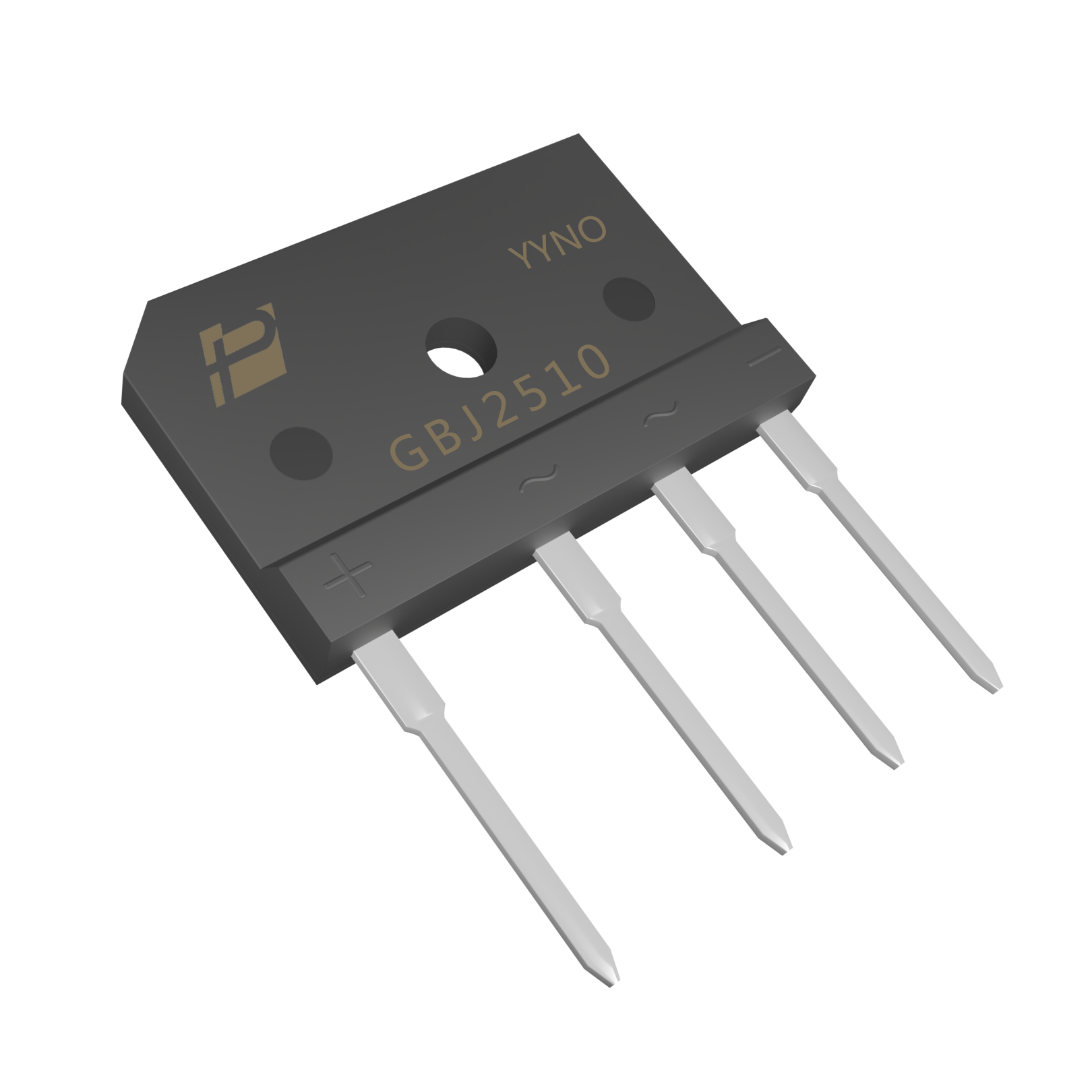 POWERSi GBJ2510 product image showing four leads, the mounting hole and model marking.