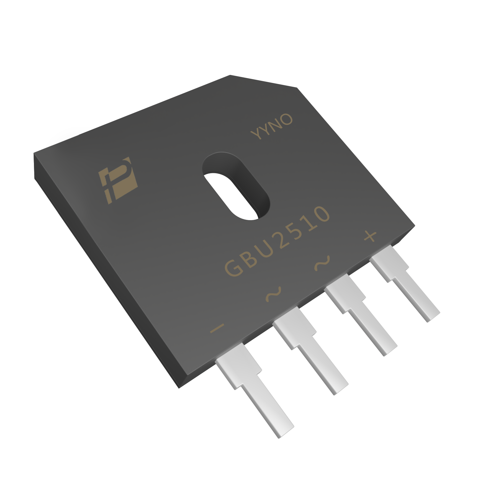 POWERSi GBU2510 product image showing four leads, the mounting hole and model marking.