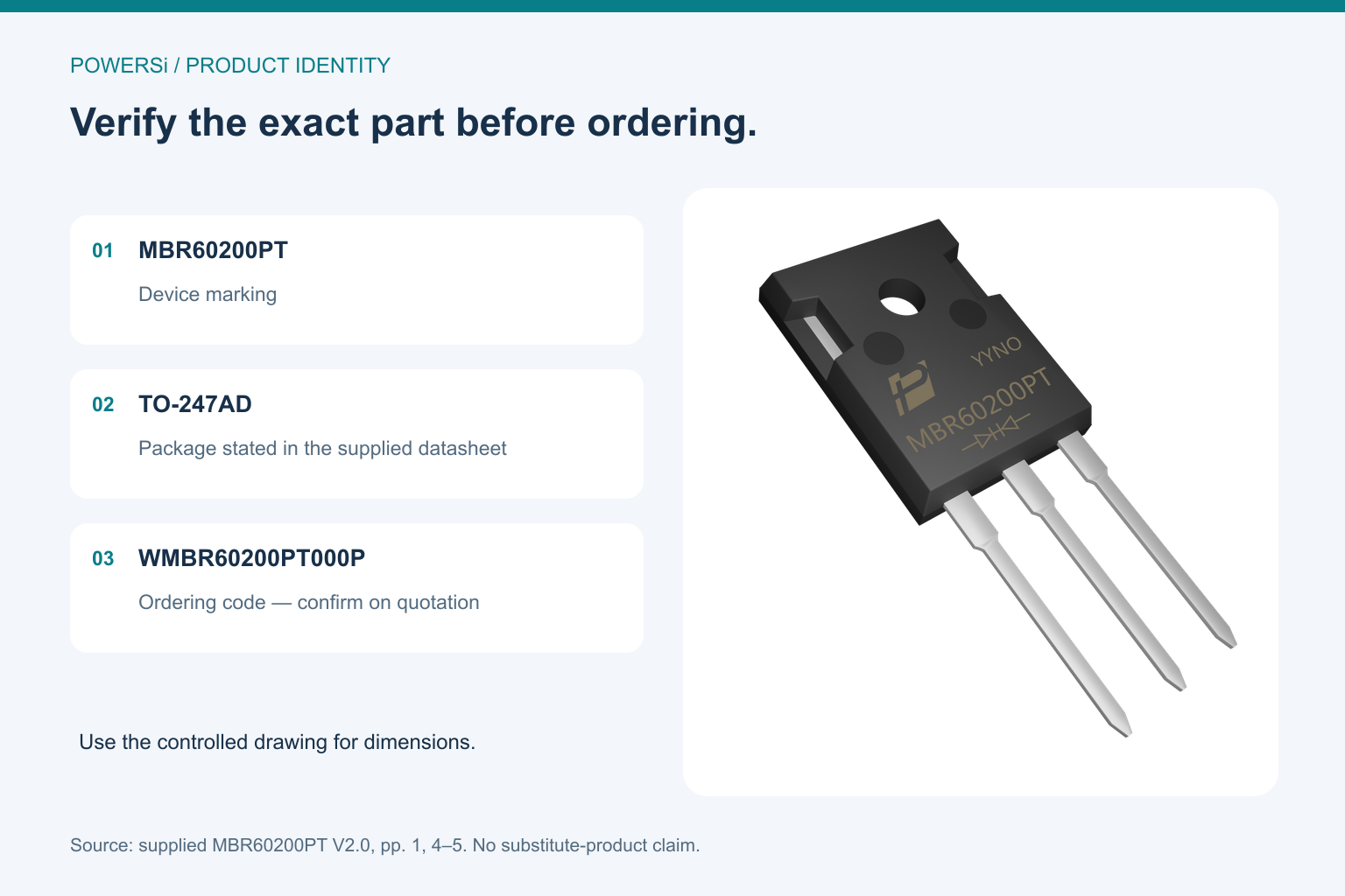 Detailed view of the MBR60200PT package, mounting hole, markings and three leads