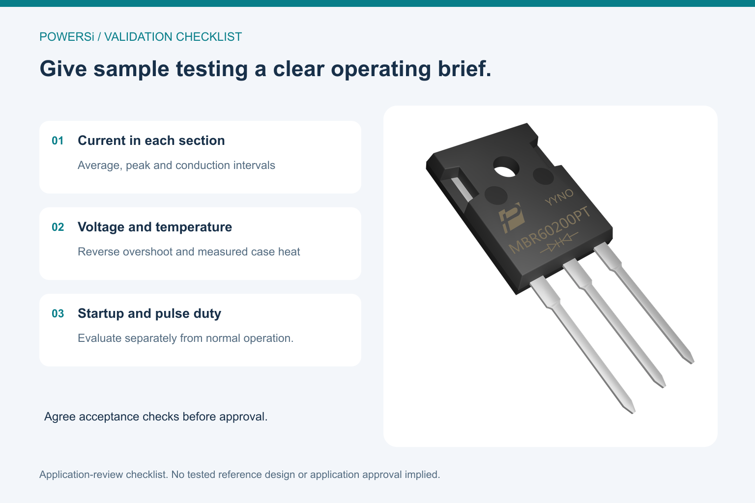 MBR60200PT original product artwork beside current, voltage and startup validation checks