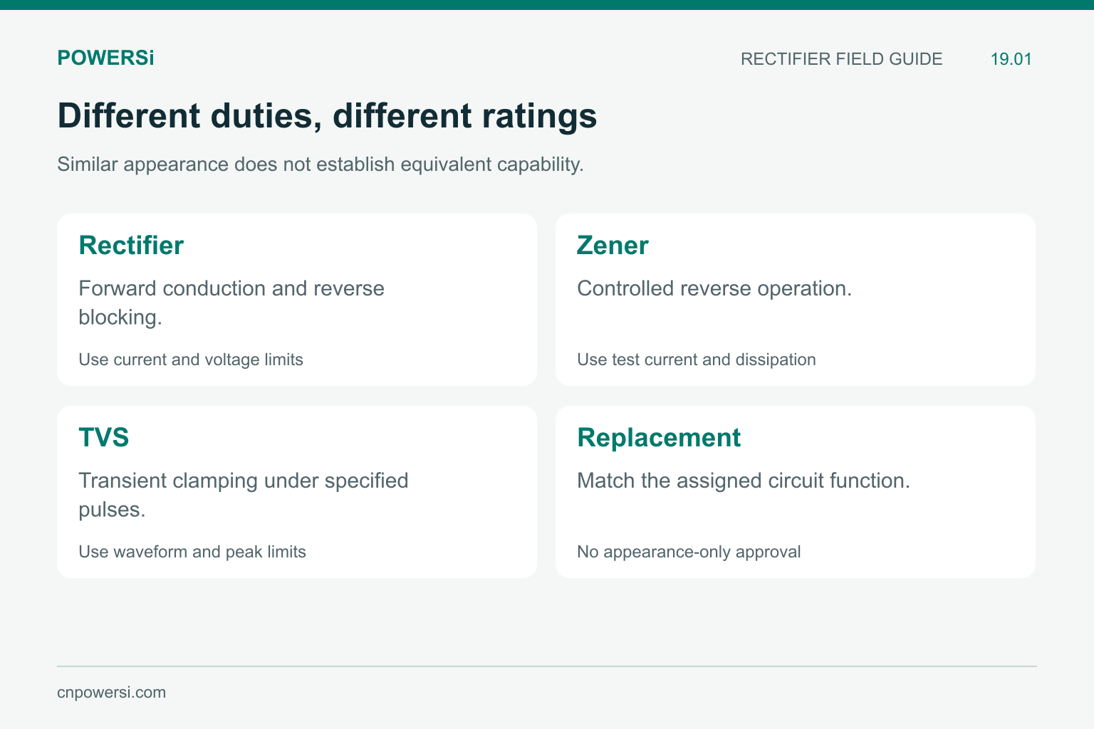 Rectifier, Zener and TVS duties compared with the requirements for substitution.