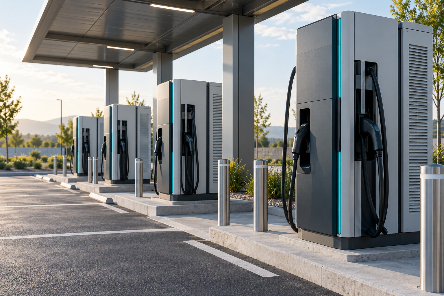 Unbranded electric vehicle charging cabinets in an illustrative charging-site scene.