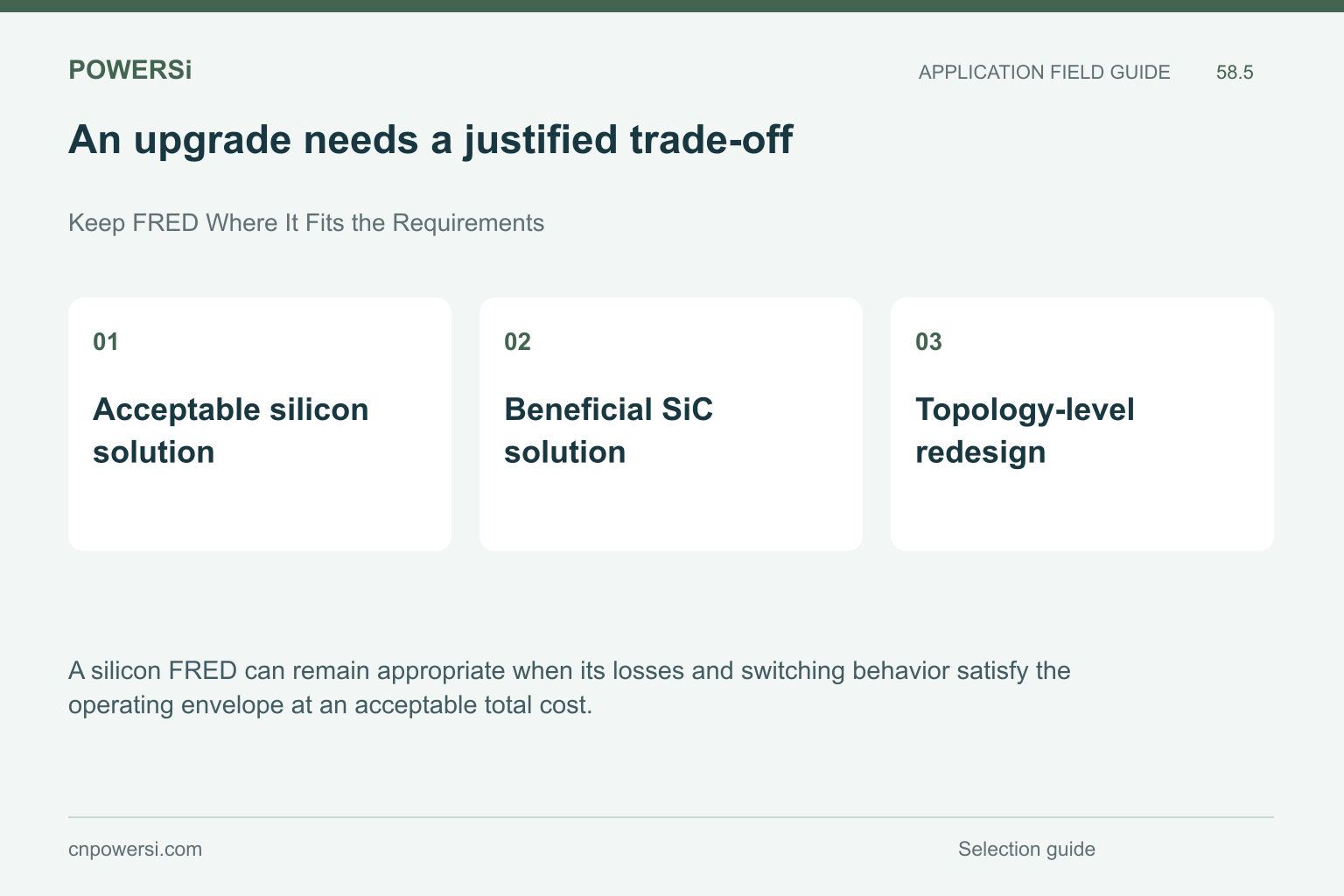 An upgrade needs a justified trade-off: Acceptable silicon solution, Beneficial SiC solution, Topology-level redesign.