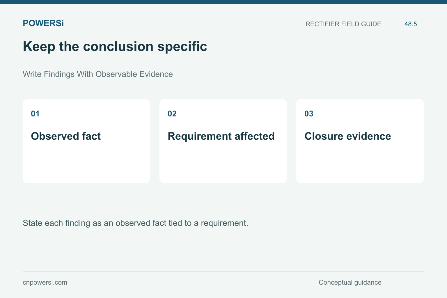 Keep the conclusion specific: Observed fact, Requirement affected, Closure evidence.