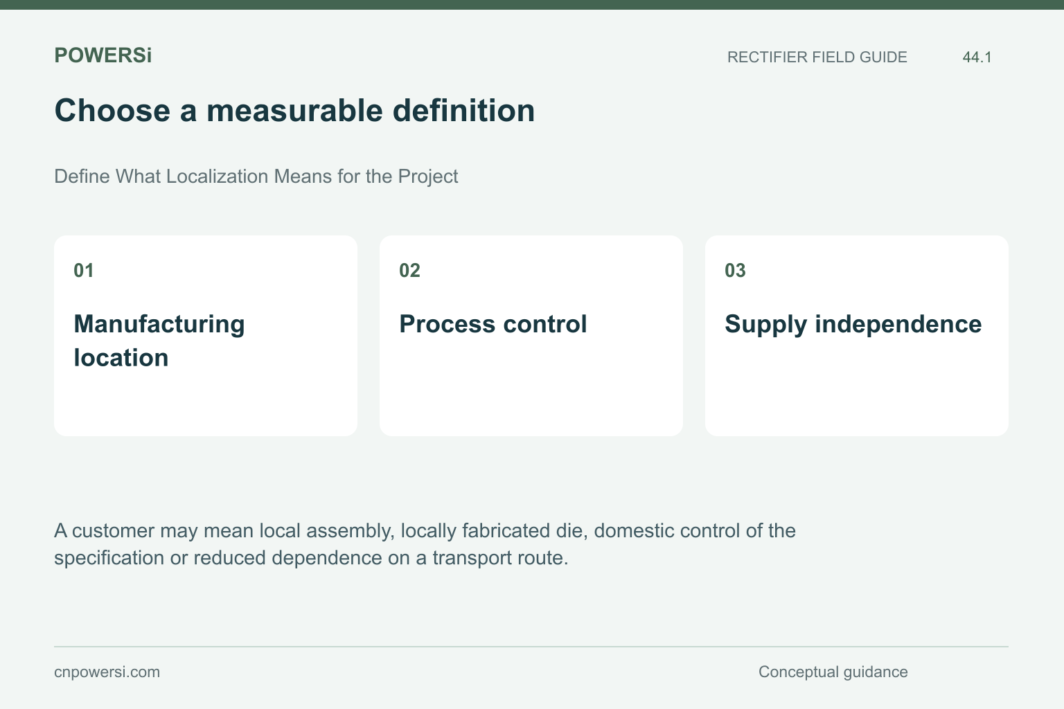 Choose a measurable definition: Manufacturing location, Process control, Supply independence.