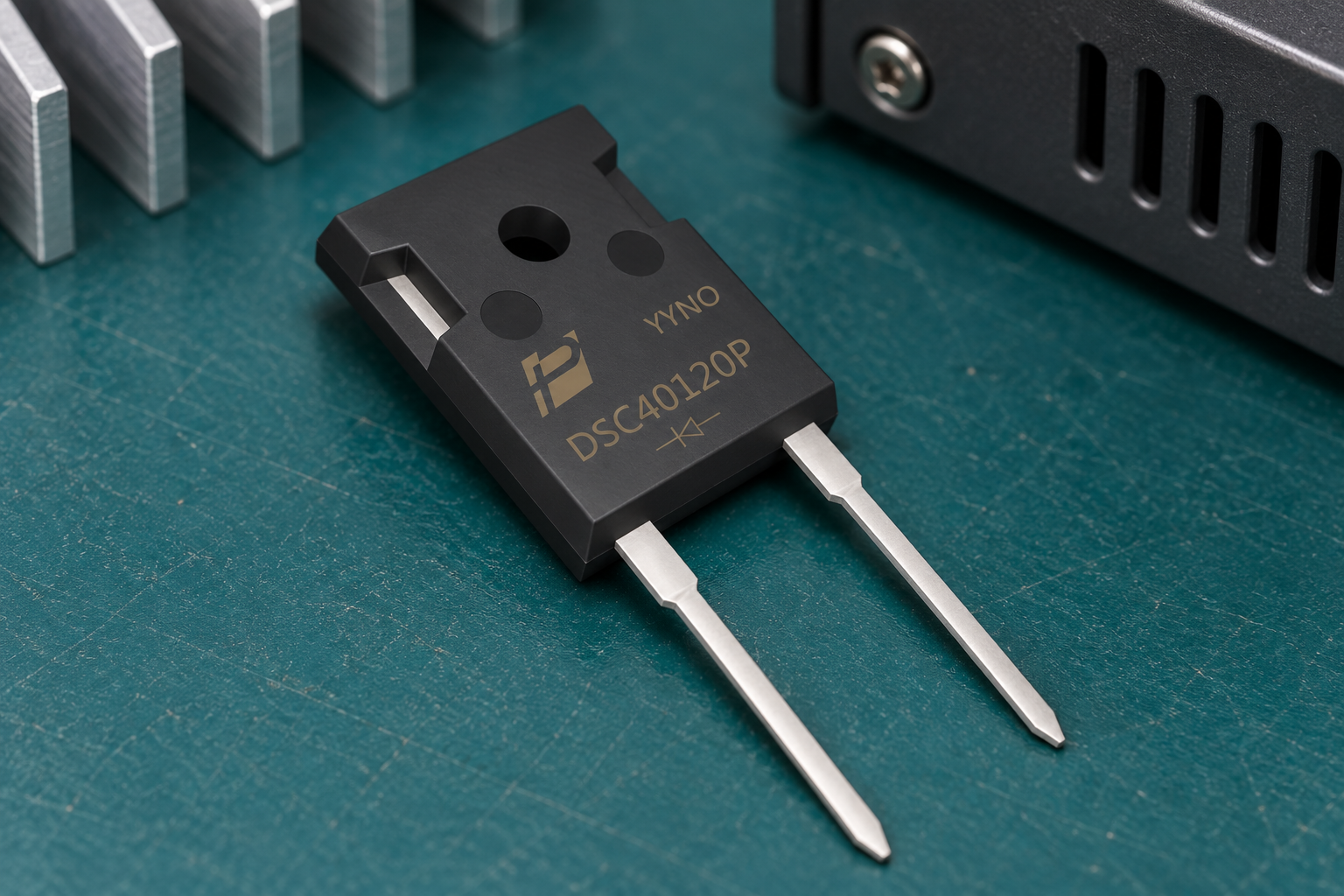 POWERSi DSC40120P with two leads in an illustrative electronics inspection setting.