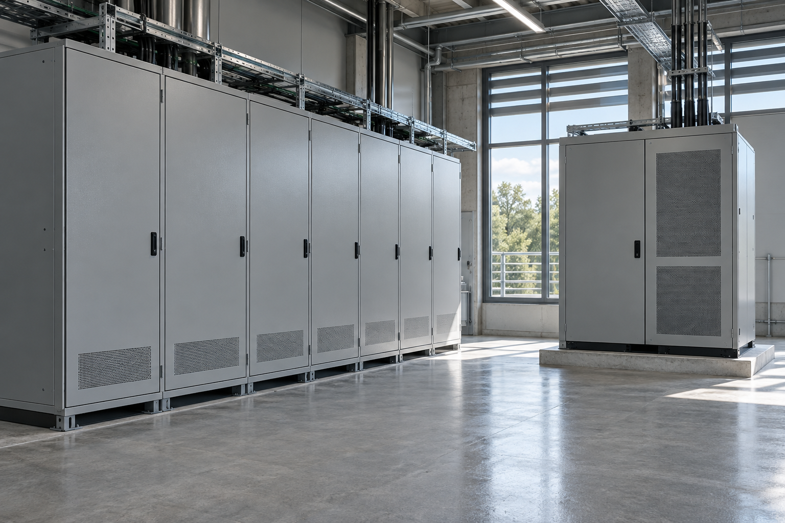 Closed battery and power conversion cabinets in an illustrative stationary energy storage installation.