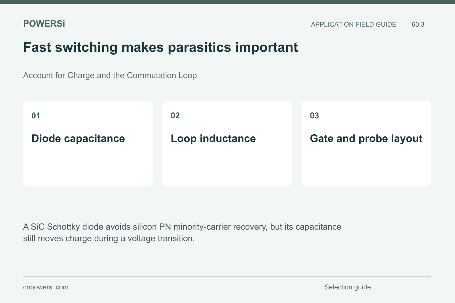 Fast switching makes parasitics important: Diode capacitance, Loop inductance, Gate and probe layout.