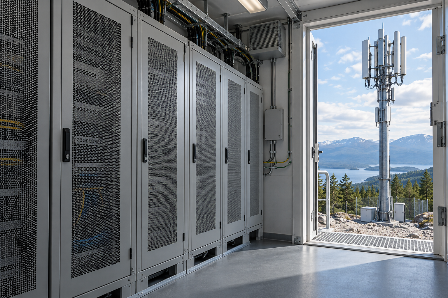 Telecom power racks and an antenna mast in an illustrative base-station environment.
