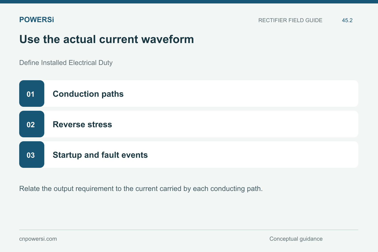 Use the actual current waveform: Conduction paths, Reverse stress, Startup and fault events.