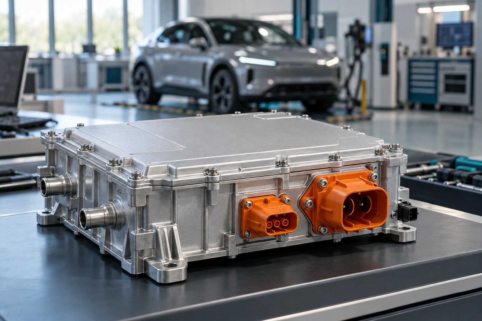 An unbranded closed onboard charger enclosure with an electric vehicle in an illustrative engineering laboratory.