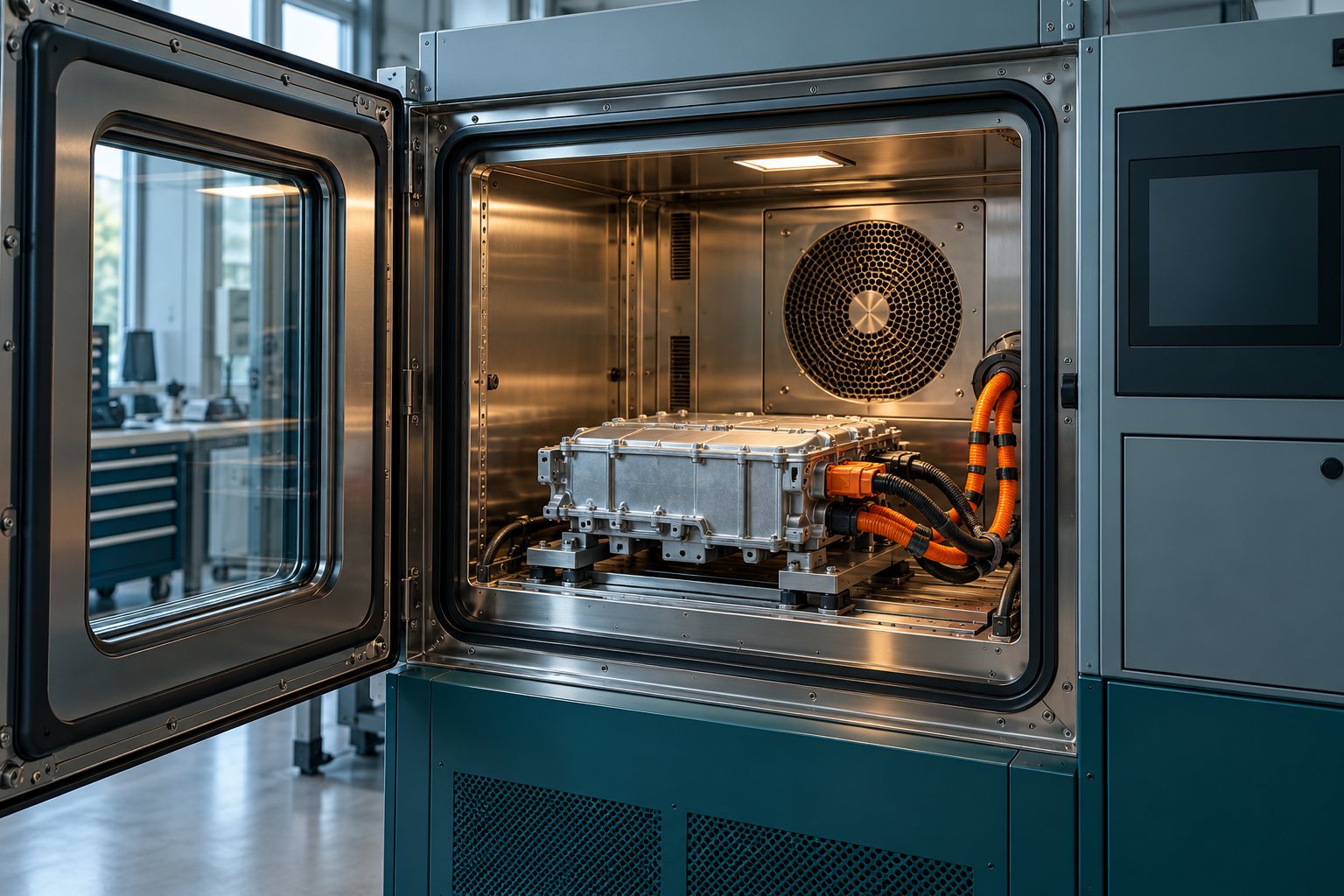 An automotive power electronics module in an illustrative environmental test chamber with no displayed results.