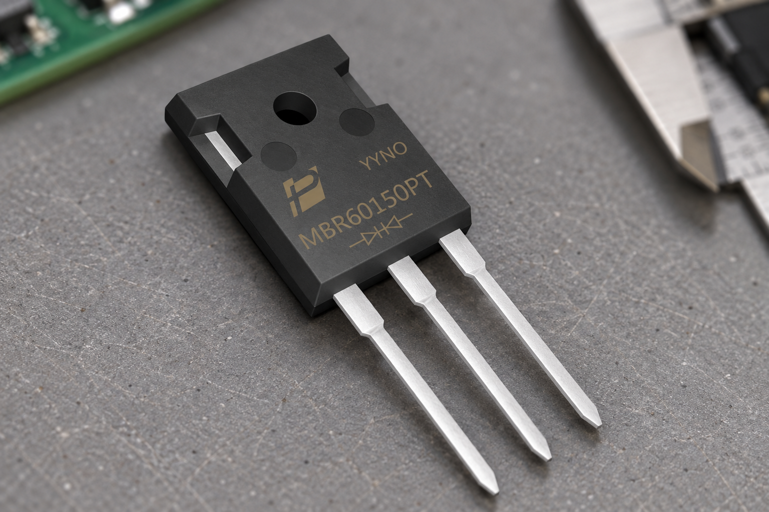 POWERSi MBR60150PT with three leads in an illustrative electronics inspection setting.