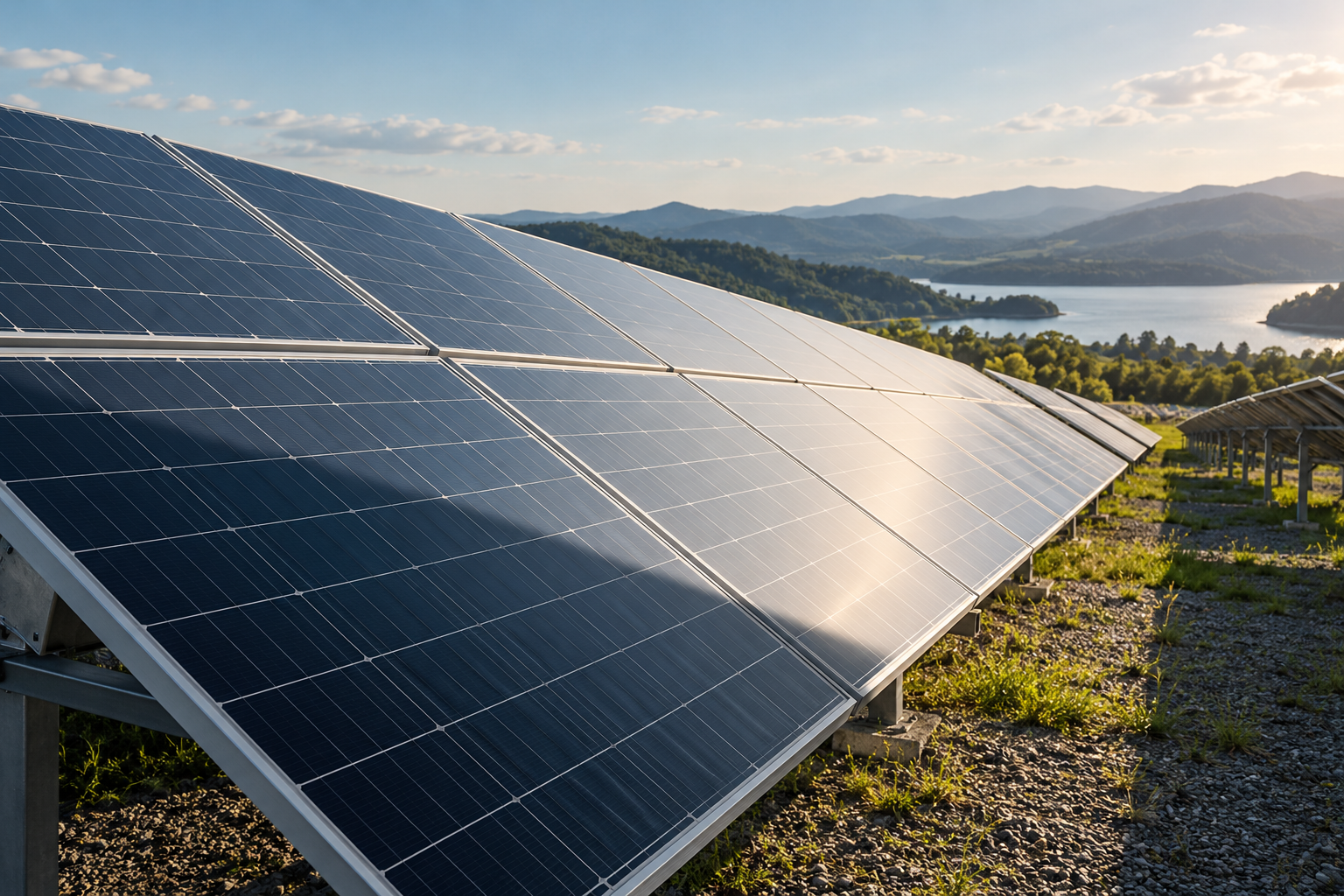 Photovoltaic panels with partial shading in an illustrative outdoor application scene.