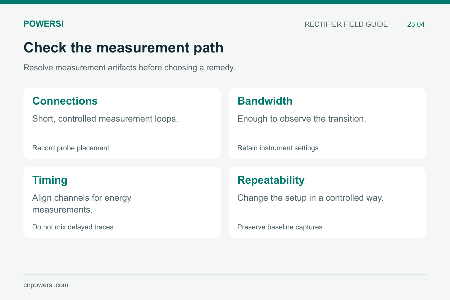 Four measurement checks for rectifier-related ringing: connections, bandwidth, timing and repeatability.